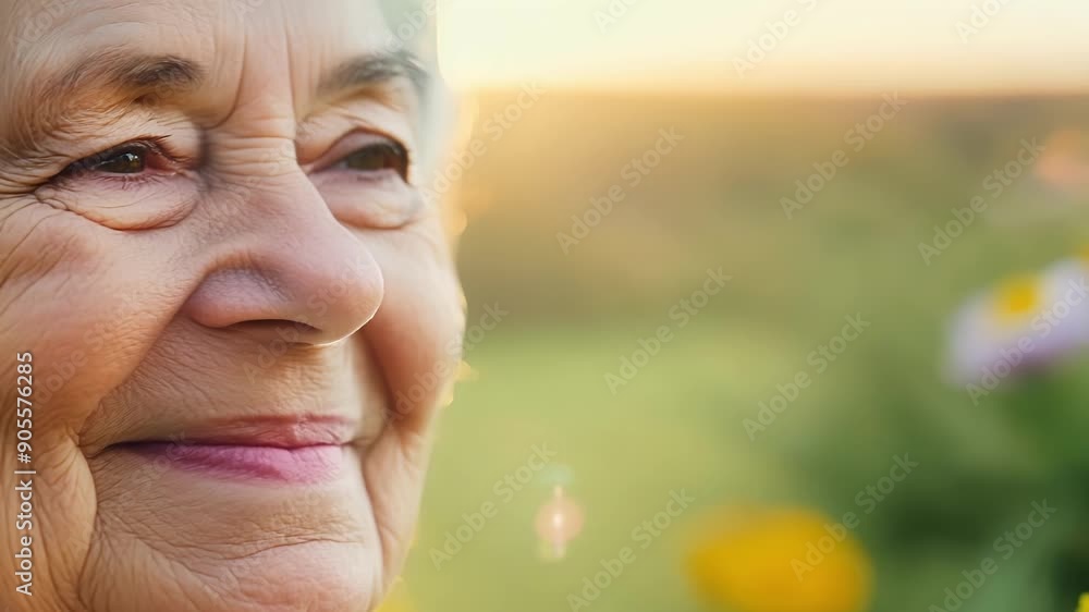 A closeup of an elderly womans face shows a peaceful smile and a le in her eye conveying a lifetime of contentment and satisfaction. The background is a quaint country garden A closeup of an elderly womans face shows a peaceful smile and a le in her eye conveying a lifetime of contentment and satisfaction. The background is a quaint country garden