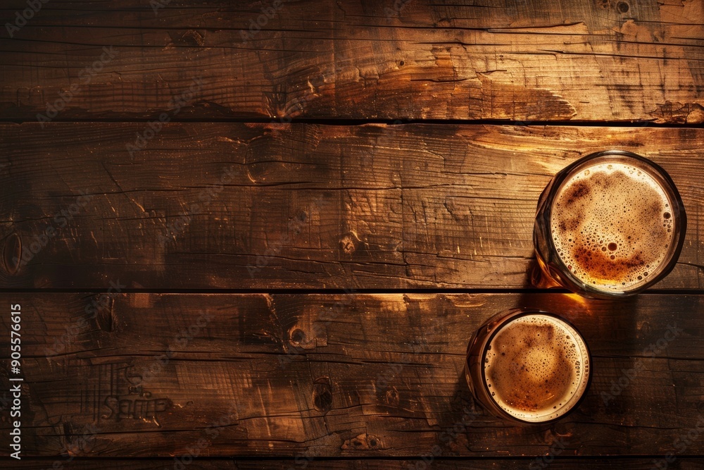 Two Glasses of Frothy Beer on Rustic Wooden Table Two Glasses of Frothy Beer on Rustic Wooden Table