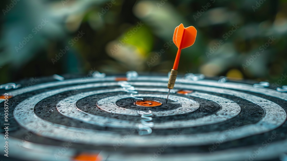 Bullseye target goal or dartboard with a dart arrow hitting the center symbolizing financial business targeting and planning for success Bullseye target goal or dartboard with a dart arrow hitting the center symbolizing financial business targeting and planning for success