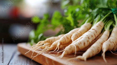 Fresh, vibrant radishes displayed on a wooden surface, showcasing their crisp texture and leafy greens.