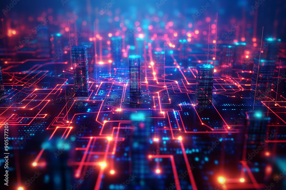 Obraz premium Futuristic digital cityscape glowing blue and red data network