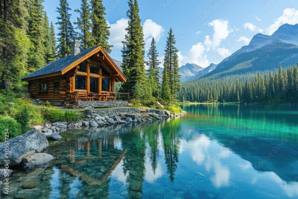 Fototapeta premium A serene log cabin by a tranquil lake, surrounded by towering trees and majestic mountains under a clear blue sky.