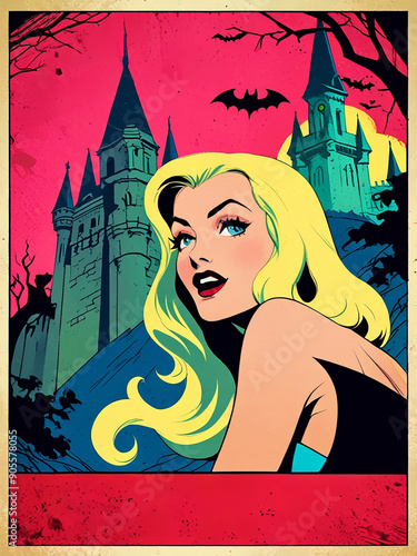 Retro Poster of Beautiful Blonde Outside Scary Castle
