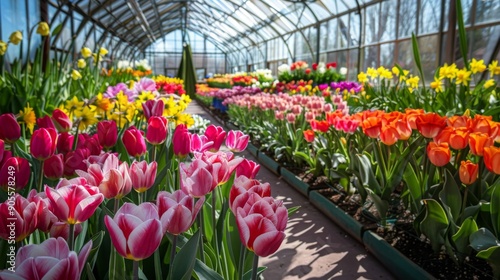 Fototapeta Naklejka Na Ścianę i Meble -  Colorful tulips and various flowers bloom in a bright greenhouse, showcasing spring's beauty and lush greenery.