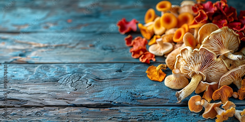 Vibrant assorted dried mushrooms on a rustic blue wooden background. Vibrant assorted dried mushrooms on a rustic blue wooden background.