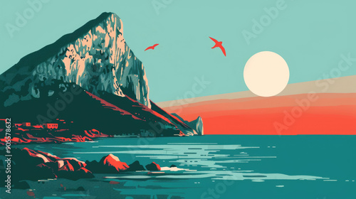watercolor illustration, vintage postcard, Gibraltar National Day, mountain landscape, view of Upper Rock, sunrise or sunset, copy space, free space for text