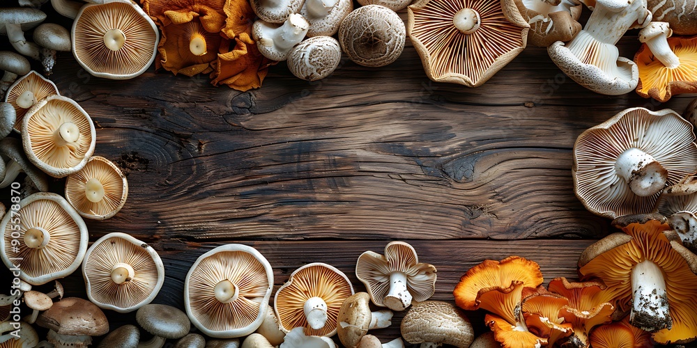 A vibrant array of diverse dried mushrooms on a rustic wooden table. A vibrant array of diverse dried mushrooms on a rustic wooden table.