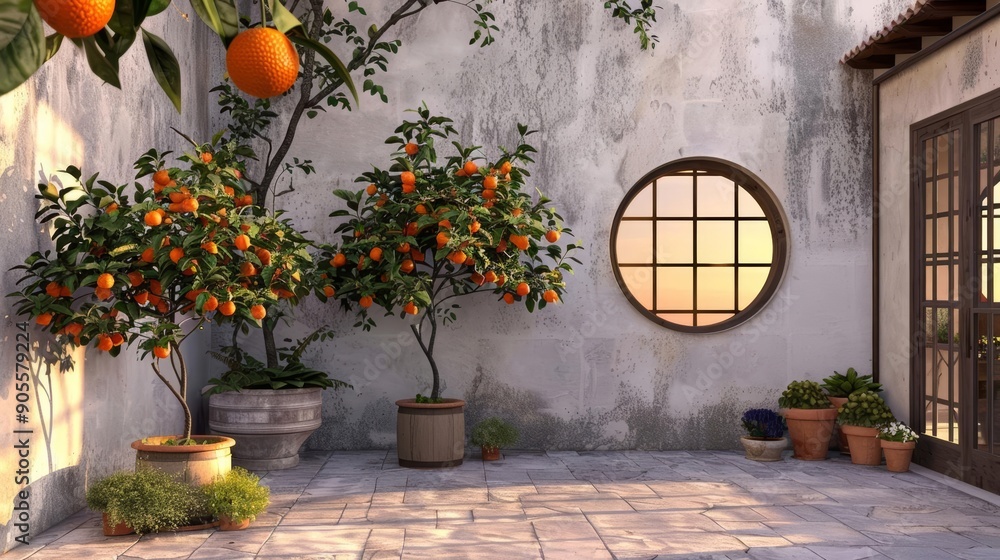 Fototapeta premium Rustic courtyard with orange trees and a circular window, capturing the essence of a Mediterranean sunset, Warm, Illustration