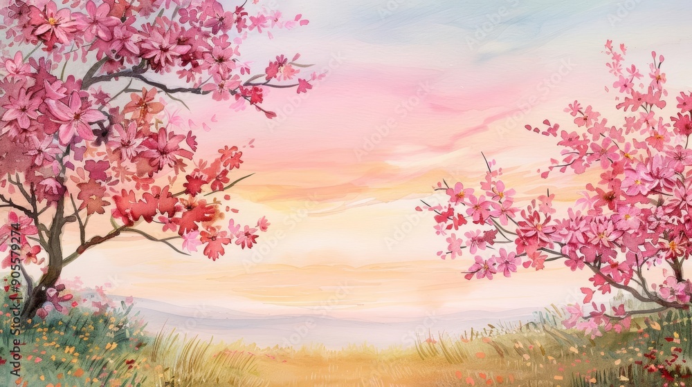 Vibrant pink blossoms in a serene meadow under a pastel sunset, evoking a sense of peace and beauty, Romantic, Watercolor Vibrant pink blossoms in a serene meadow under a pastel sunset, evoking a sense of peace and beauty, Romantic, Watercolor
