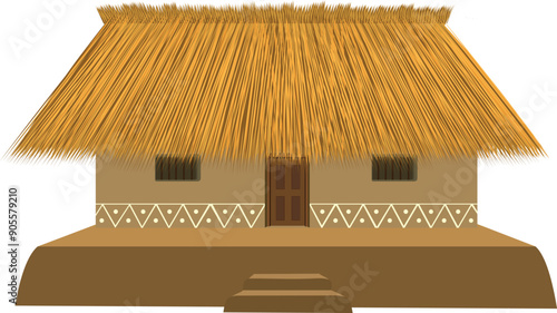 Treditional Indian village hut with thatched straw roof on isolated white background. Rural cottage. poor farmers house