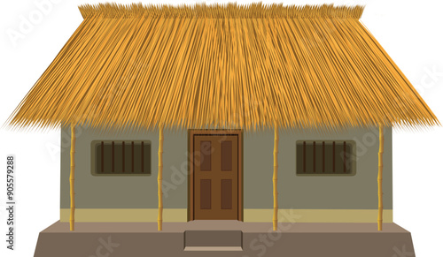 Indian village cottage mud wall with thatched straw room illustration clipart Icon for cartoon animation