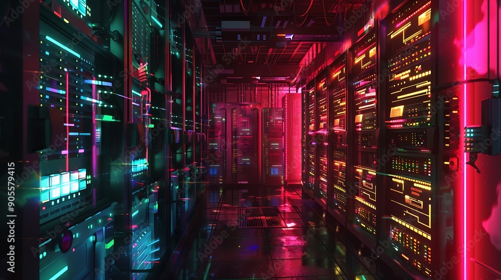 A detailed depiction of a server room with rows of servers and blinking lights A detailed depiction of a server room with rows of servers and blinking lights