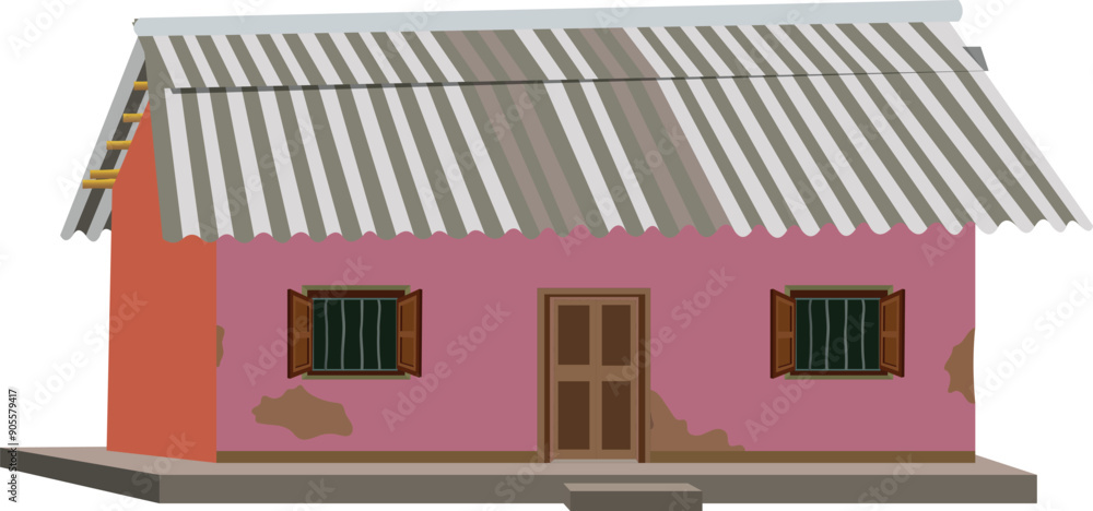 village house rural Indian house pink building old village home isolated on white background. mud wall and tin shade roof village house rural Indian house pink building old village home isolated on white background. mud wall and tin shade roof
