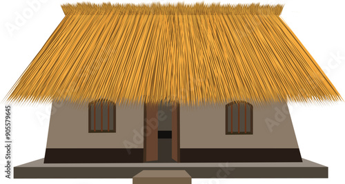 Small village hut with thatched roof, vector flat  illustration isolated on white background. Indian hut or poor village house, ethnic traditional dwelling