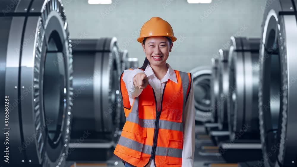 custom made wallpaper toronto digitalAsian Female Engineer With Safety Helmet Smiling And Touching Her Chest Then Pointing At You While Standing In Metal Factory