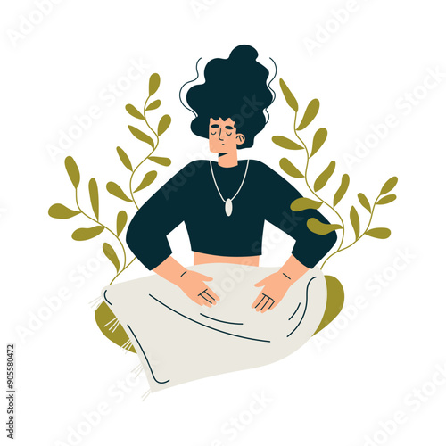 Meditation with Woman Character Sitting in Lotus Pose Vector Illustration