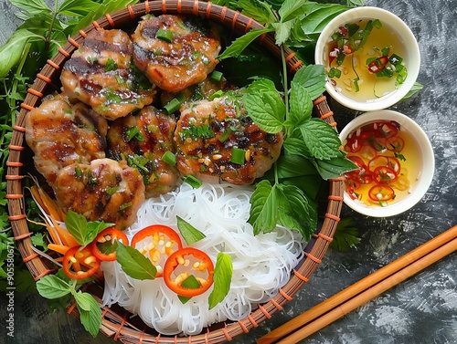 Bun Cha. The most popular Vietnamese dishes. Grilled pork patties and slices of pork belly served over a bed of vermicelli noodles, fresh herbs, and a dipping sauce.