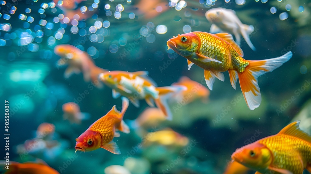 a group of goldfish swimming in a large aquarium a group of goldfish swimming in a large aquarium