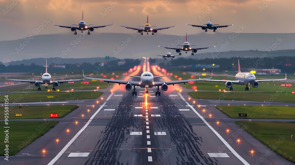 Fototapeta premium Dramatic Time Lapse of Airplane Takeoffs and Landings at Airport Terminal