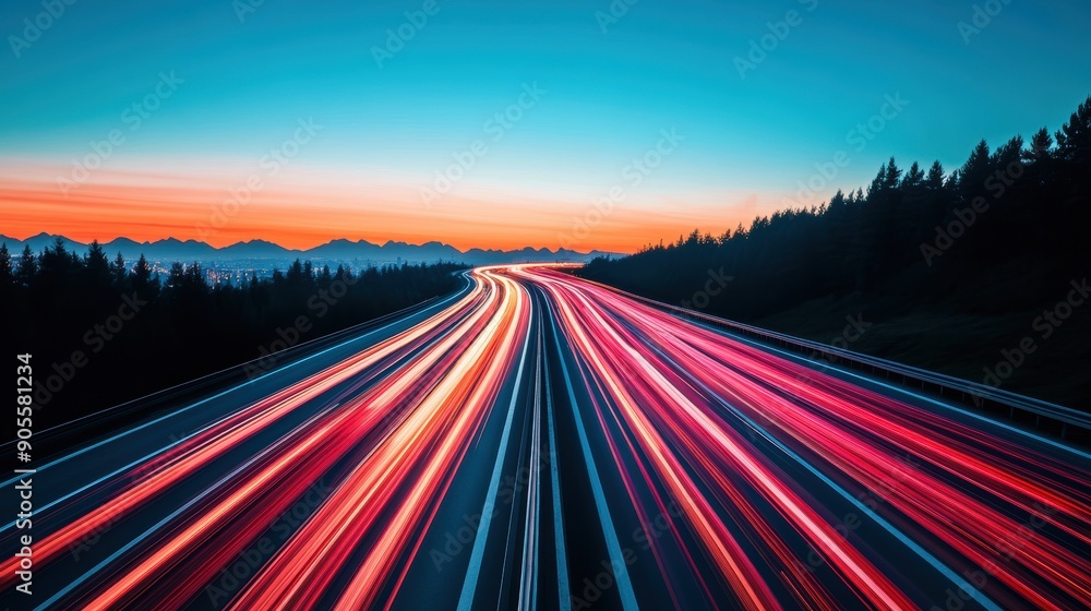 A long exposure shot capturing the streaks of light from traffic on a busy highway, contrasting with the stillness of the city skyline above. A long exposure shot capturing the streaks of light from traffic on a busy highway, contrasting with the stillness of the city skyline above.