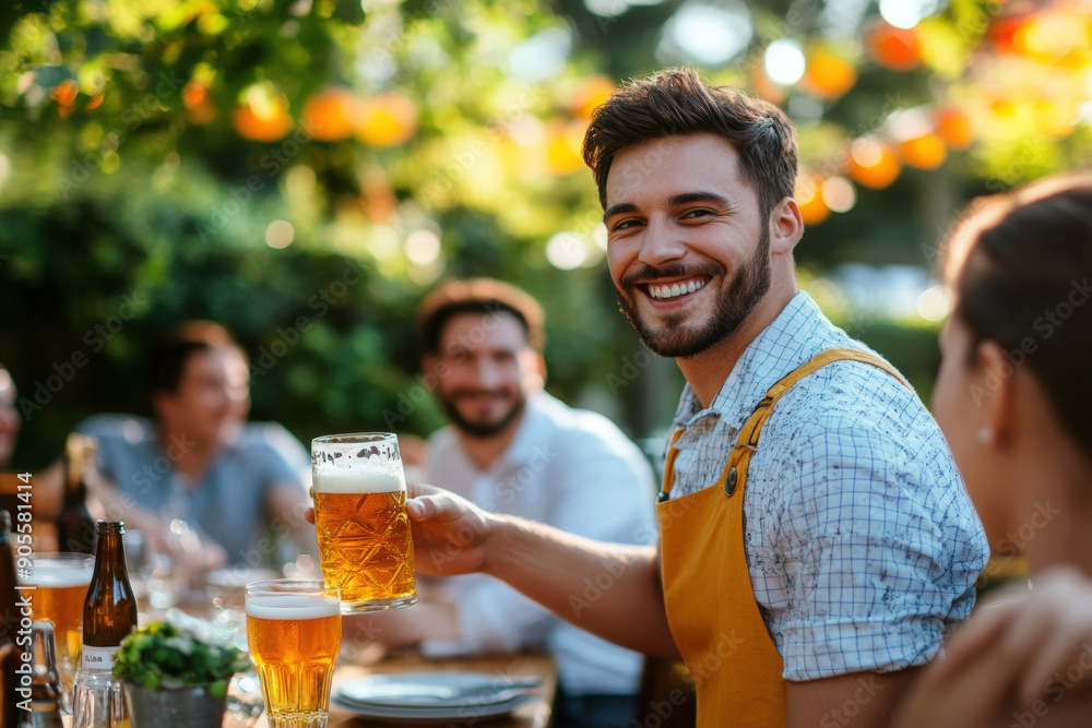 Dashing Waiter Offering Drinks to Delighted Customers Dashing Waiter Offering Drinks to Delighted Customers