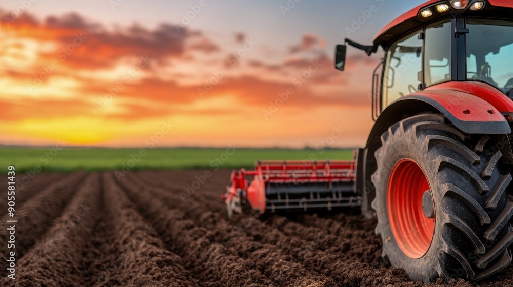 Fototapeta premium A vibrant sunset over a freshly plowed field with a powerful red tractor in action, showcasing the beauty of agriculture.