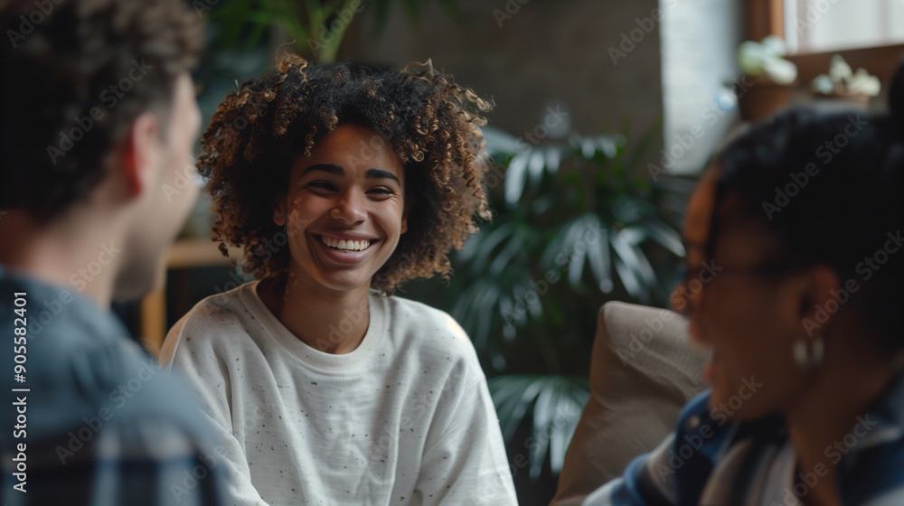 Young black woman is sitting in the living room with her friends, talking and laughing together, discussions, sharing views Young black woman is sitting in the living room with her friends, talking and laughing together, discussions, sharing views