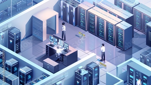 Futuristic Isometric Data Center with Server Racks and IT Professionals