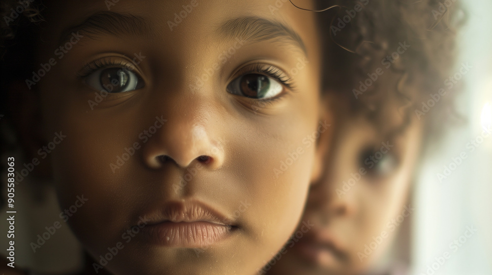 Close-up portrait of an African American child with brown eyes, looking directly at the camera, blurred background, mental health concept Close-up portrait of an African American child with brown eyes, looking directly at the camera, blurred background, mental health concept