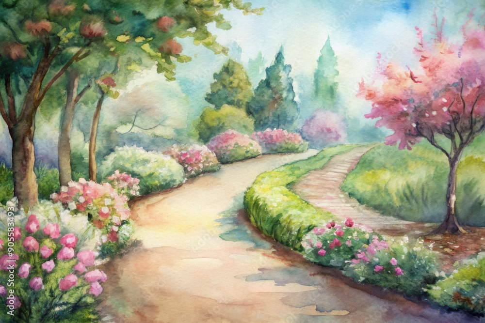 Obraz premium Serene garden pathway surrounded by blooming flowers at dawn’s gentle light