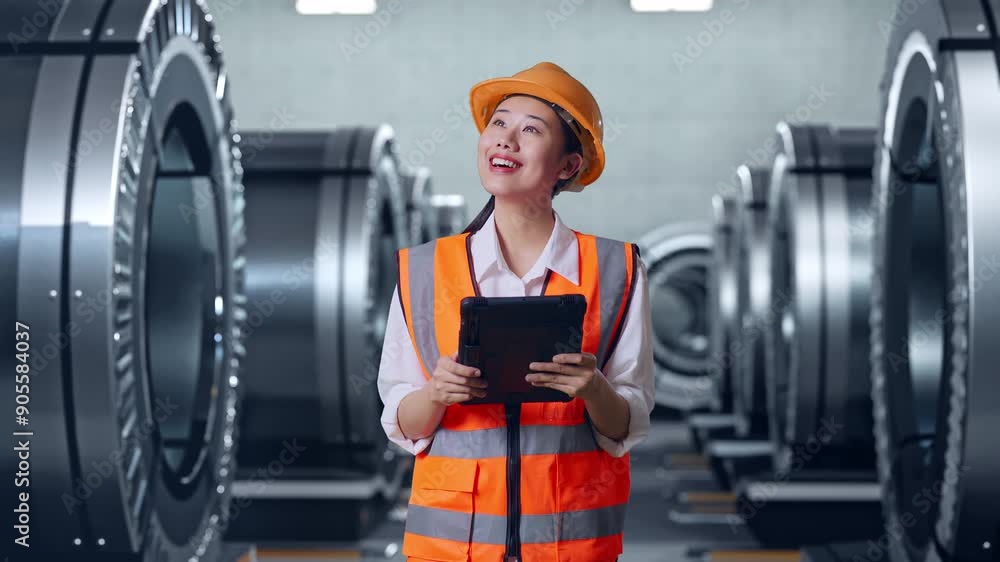 custom made wallpaper toronto digitalAsian Female Engineer With Safety Helmet Looking At The Tablet In Her Hand And Looking Around While Standing In Metal Factory