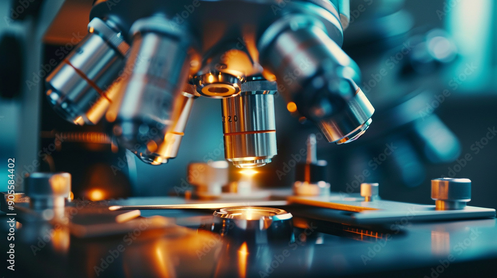 Close-up of a microscope with abstract, detailed knobs and lenses Close-up of a microscope with abstract, detailed knobs and lenses