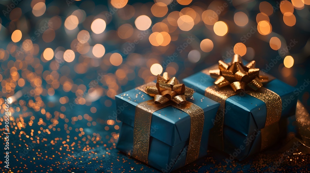 Blue Christmas gift boxes with gold bow on blue defocused holiday background