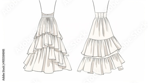 Technical flat sketch of a tiered long skirt Layered maxi skirt with a flounce hem Front and back apparel views Vector mockup template