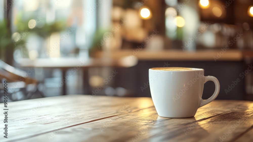 Coffee cup on a wooden table, soft focus background, warm lighting, cozy and tranquil cafe atmosphere Coffee cup on a wooden table, soft focus background, warm lighting, cozy and tranquil cafe atmosphere