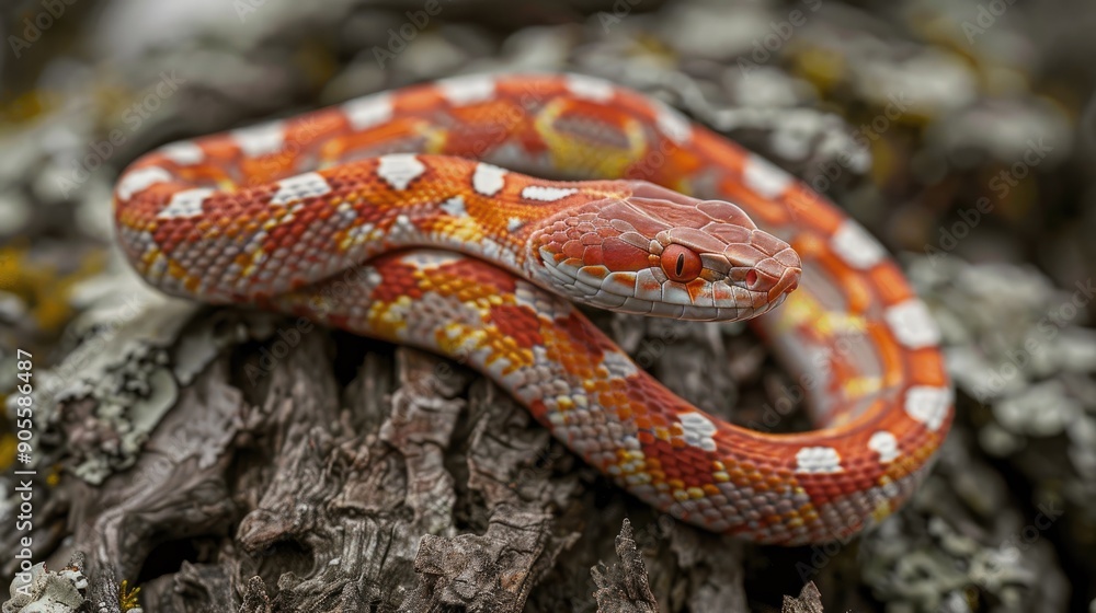 Corn snake with Blizzard morph on a natural backdrop Corn snake with Blizzard morph on a natural backdrop