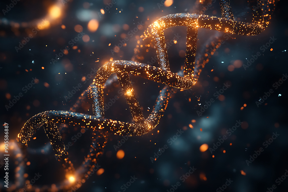 An illustration depicting DNA, showcasing its double-helix structure and highlighting the fundamental building blocks of genetics. The scene emphasizes the importance of DNA in biological research, ge An illustration depicting DNA, showcasing its double-helix structure and highlighting the fundamental building blocks of genetics. The scene emphasizes the importance of DNA in biological research, ge