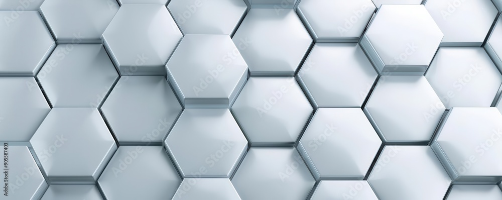 Naklejka premium Interlocking hexagonal patterns with reflective surfaces, 3D abstract, high-tech and sleek