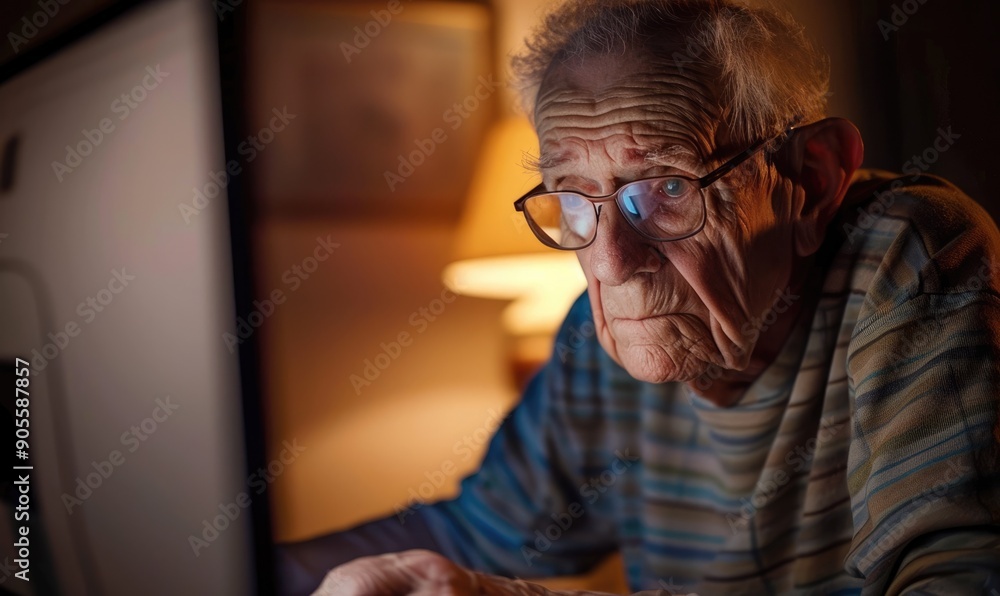 Obraz premium 90-Year-Old White Man Staring Forlornly at Computer Screen