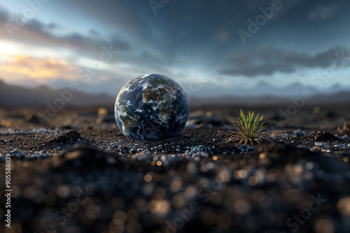 Earth globe on barren ground under starry sky, symbolizing environmental fragility and hope for planetary renewal photo