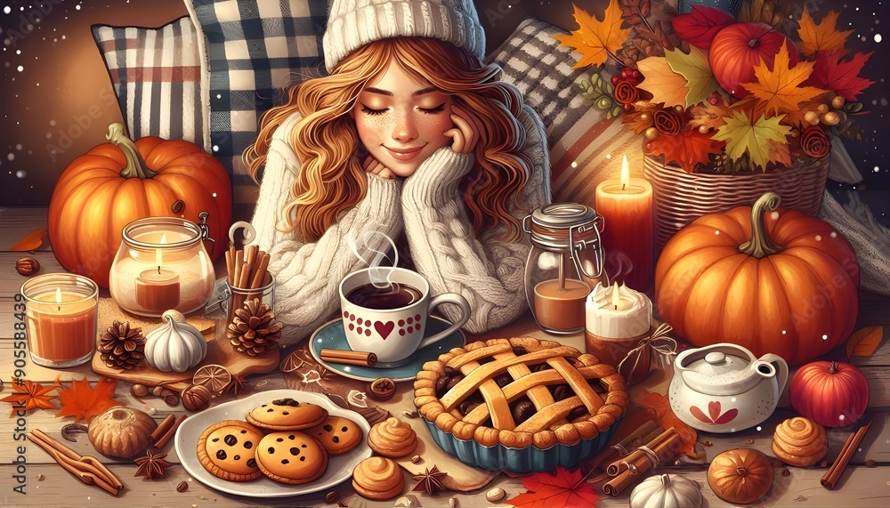 Fototapeta premium a poster of a woman sitting on a table with a cup of coffee and a plate of food.