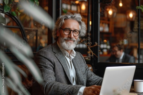 Smiling Senior Man Working on Laptop in a Cafe