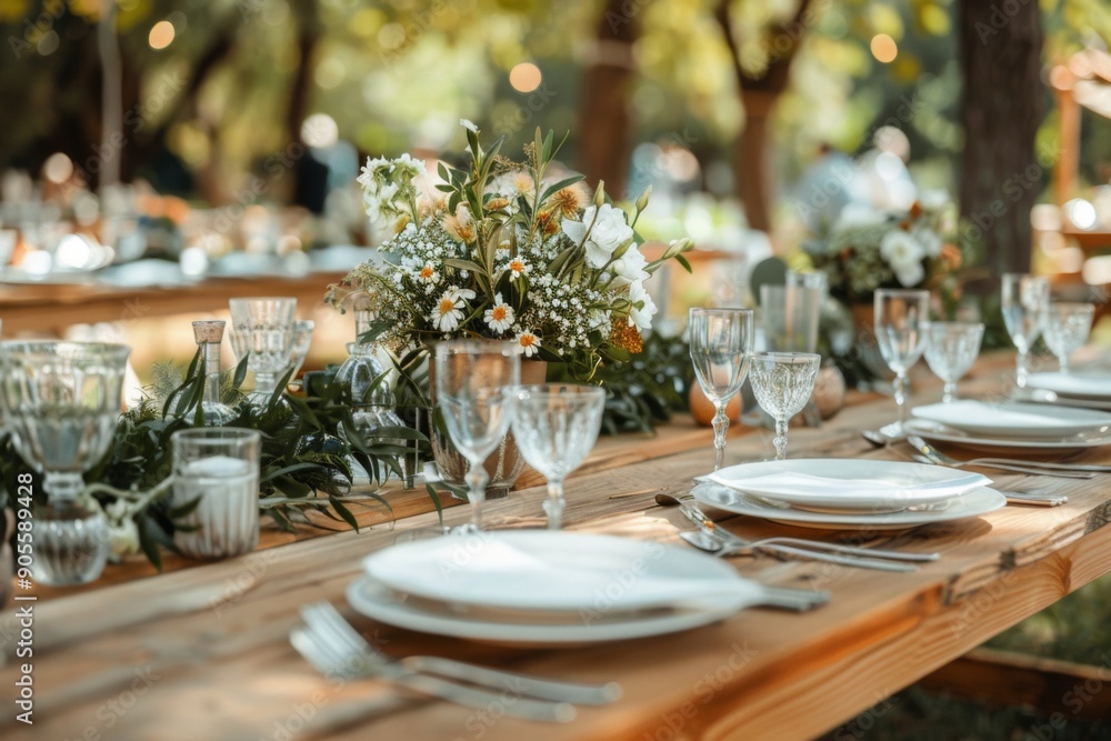 A Dinner Table Set For A Wedding Party In A Rustic Style Decor, Wedding Decoration Concept A Dinner Table Set For A Wedding Party In A Rustic Style Decor, Wedding Decoration Concept