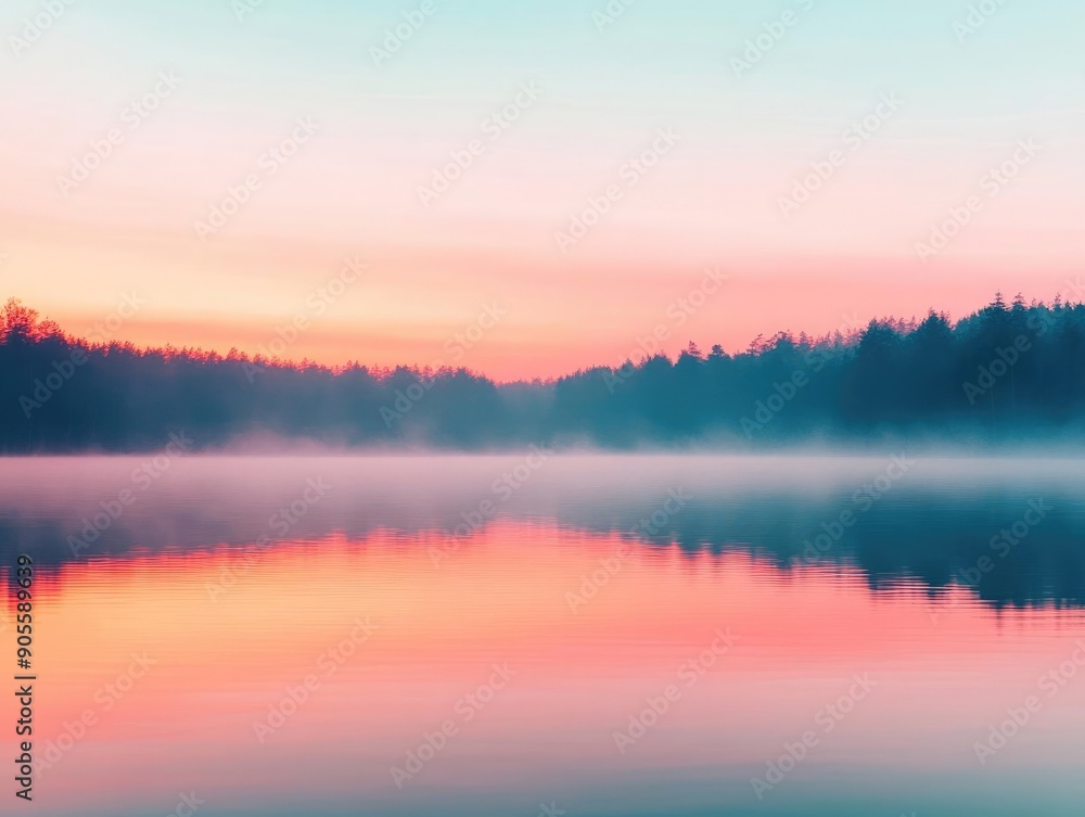Fototapeta premium A serene lake at sunrise, with mist rising above the water, reflecting soft pastel colors of the sky and surrounded by trees.