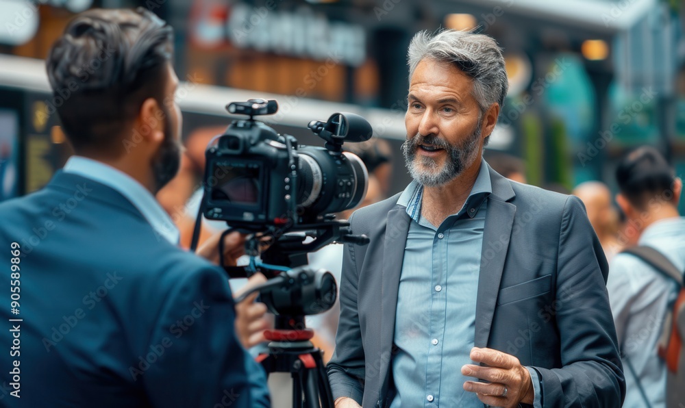 Cameraman recording journalist interviewing business professional in a studio setting. Cameraman recording journalist interviewing business professional in a studio setting.