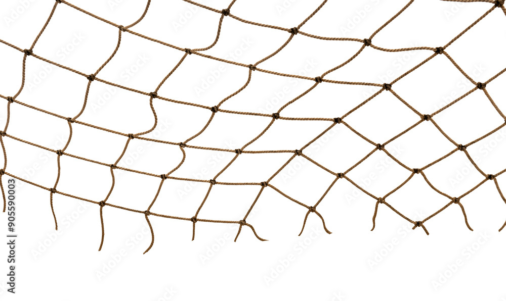 Torn Football or tennis net. Rope mesh on a white background close-up Torn Football or tennis net. Rope mesh on a white background close-up