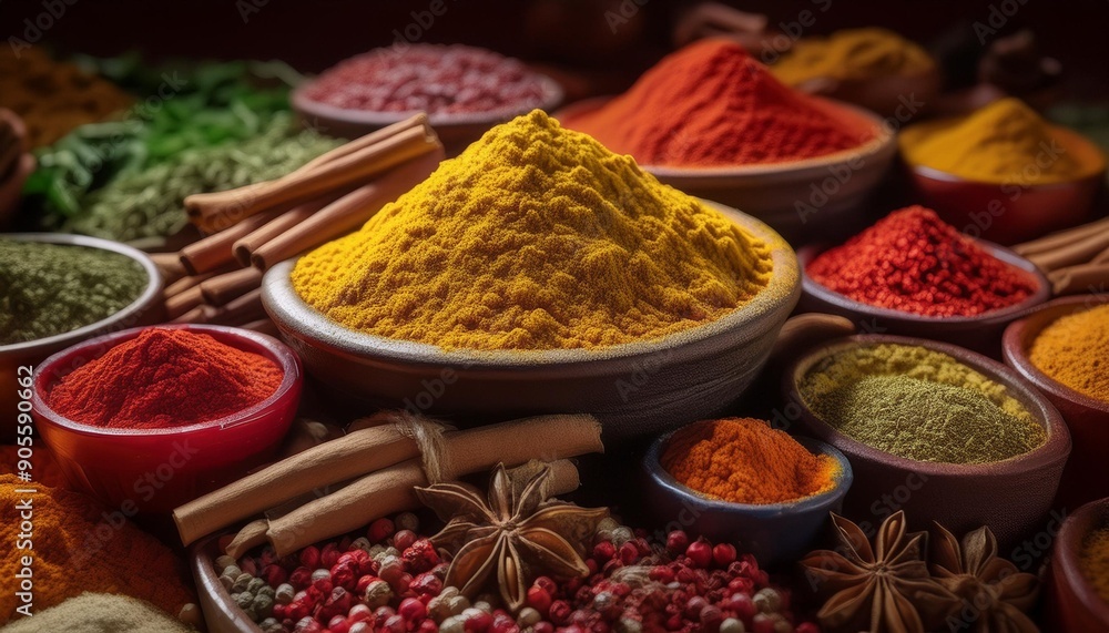 Colourful spices beautifully arranged in bowls. Colourful spices beautifully arranged in bowls.