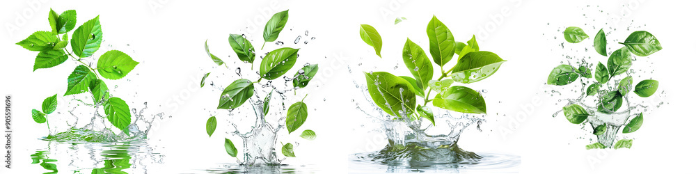 Set of a fresh green leaves splashing with water, isolated on a transparent background. Set of a fresh green leaves splashing with water, isolated on a transparent background.