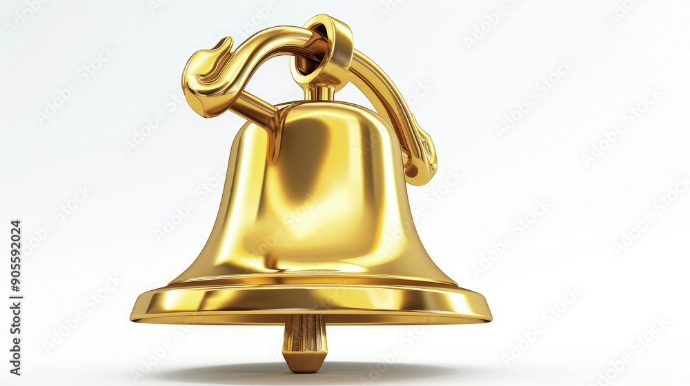A golden bell icon with a clapper visible, ringing, with a realistic metallic sheen, against a white backdrop. A golden bell icon with a clapper visible, ringing, with a realistic metallic sheen, against a white backdrop.