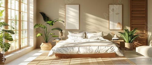 A serene bedroom with minimalistic decor, clean lines, and a focus on natural materials like wood and cotton, high detail photo